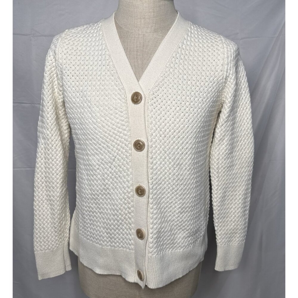 LL Bean Cardigan Womens M Ivory Button Up Sweater Basket Weave Knit Fisherman